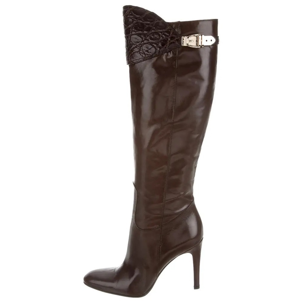 GUCCI / TOM FORD Runway Dark Brown Leather Logo Buckle Alligator Tall Boot 40 10